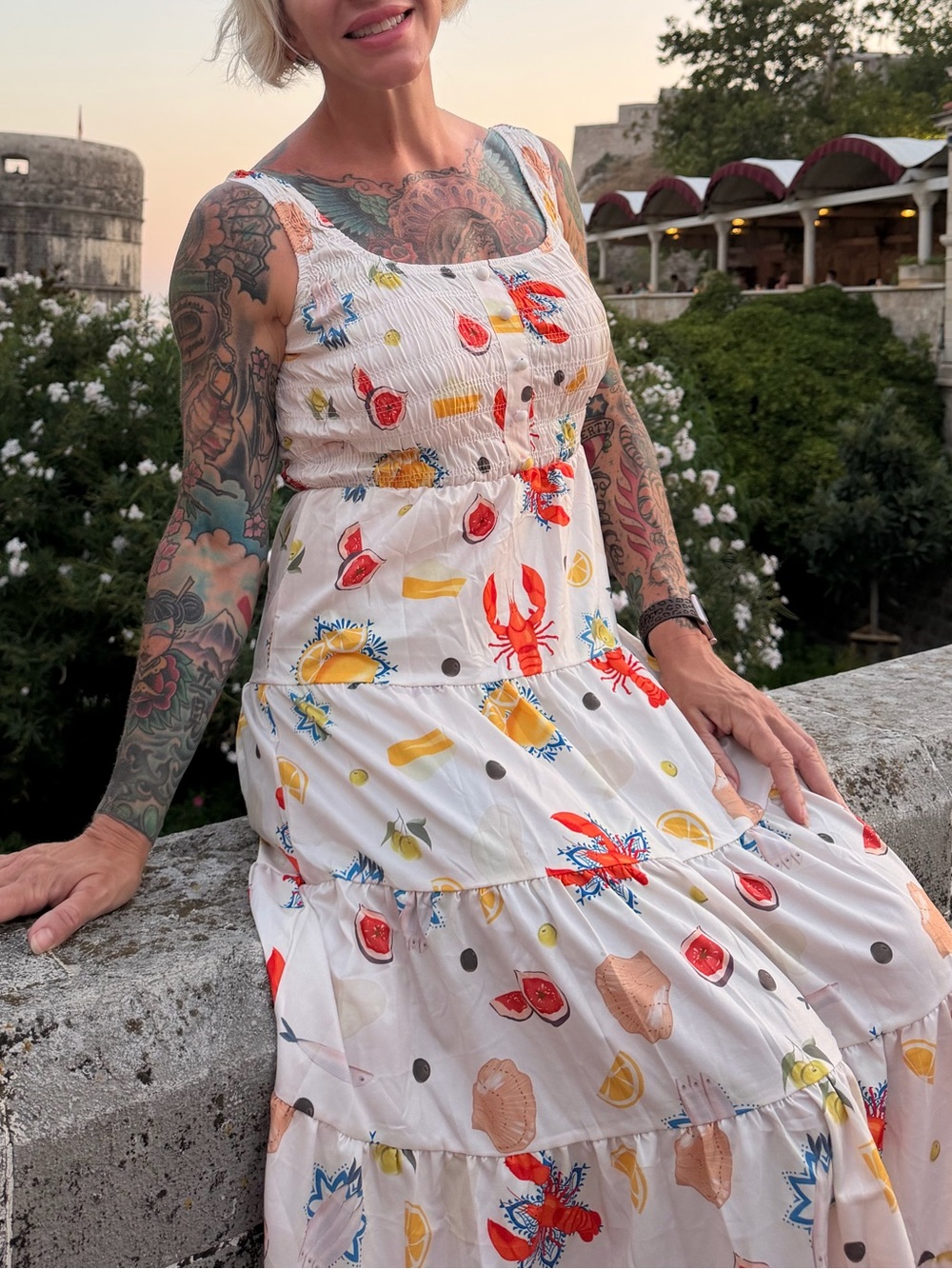 Women’s White Tiered Sundress with Colorful Seafood Print